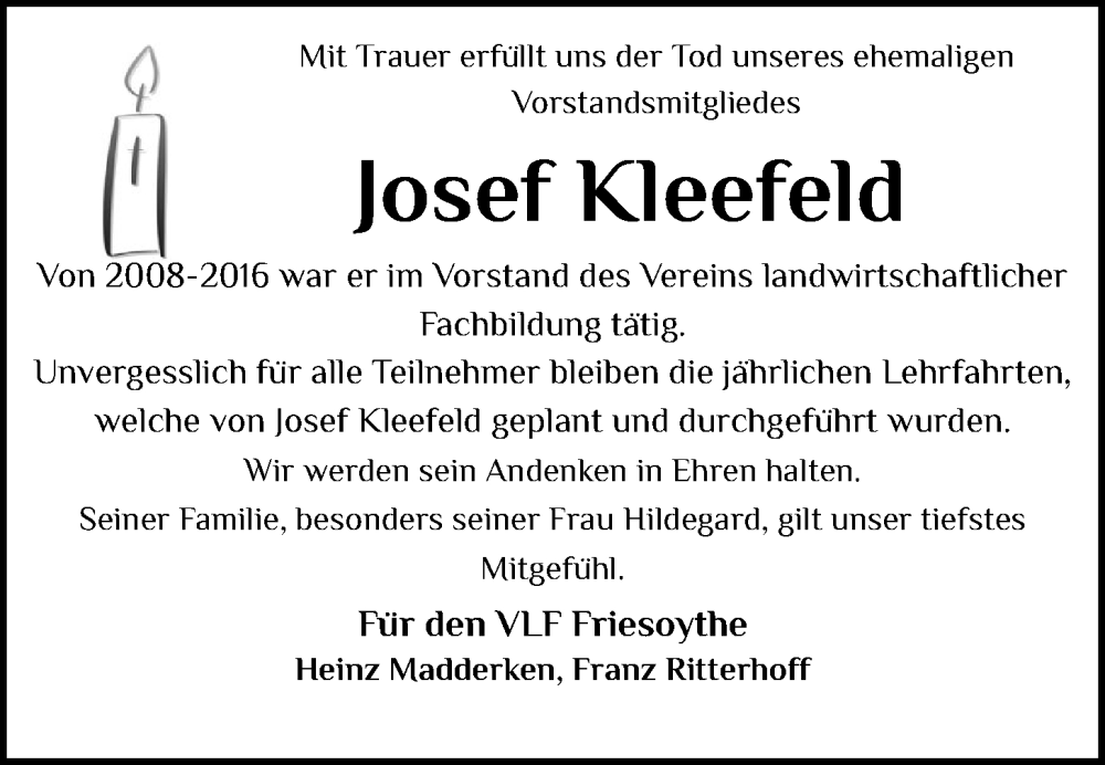 Traueranzeigen von Josef Kleefeld | om-trauer.de