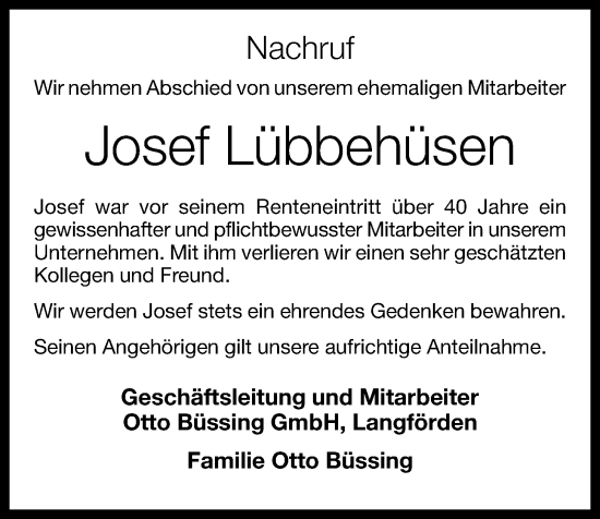 Anzeige von Josef Lübbehüsen von OM-Medien