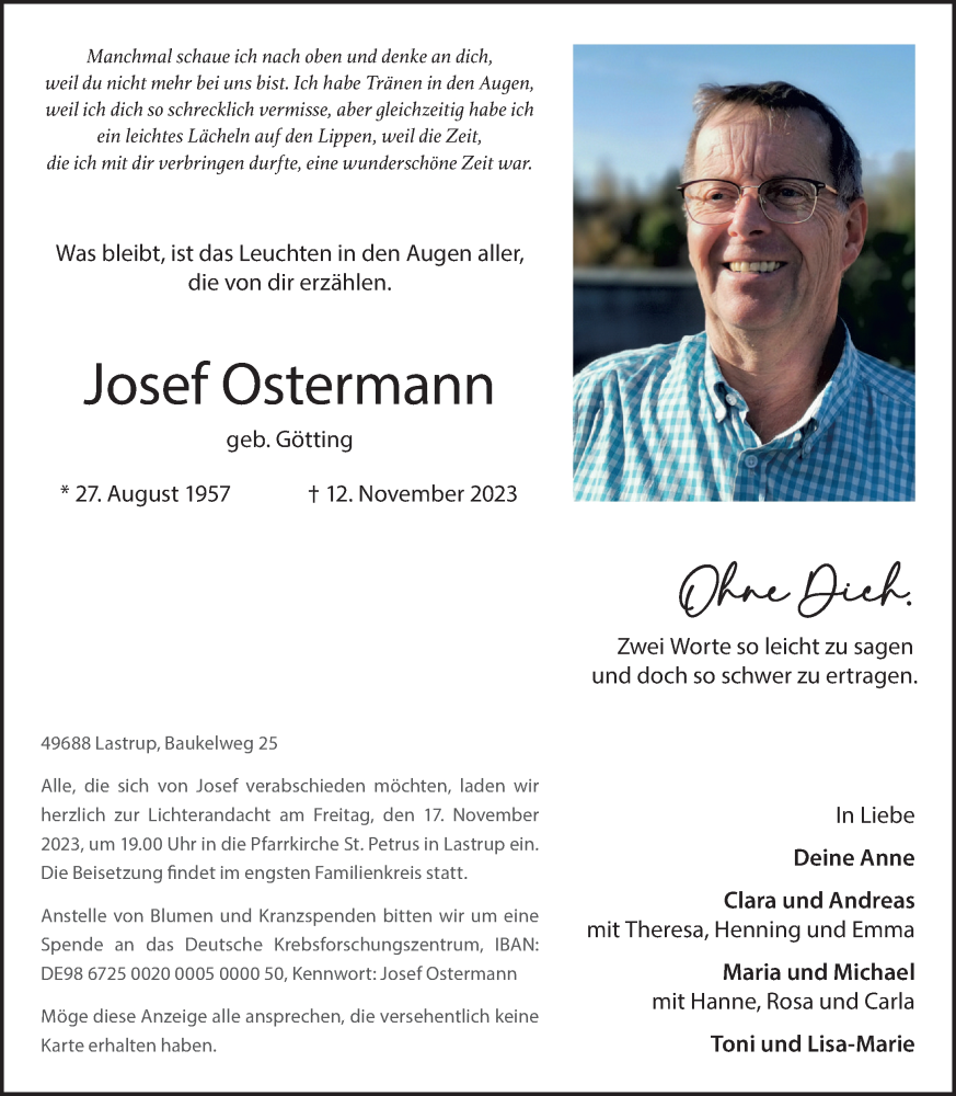  Traueranzeige für Josef Ostermann vom 15.11.2023 aus OM-Medien