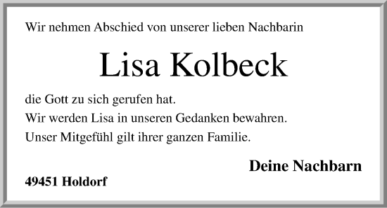 Anzeige von Lisa Kolbeck von OM-Medien