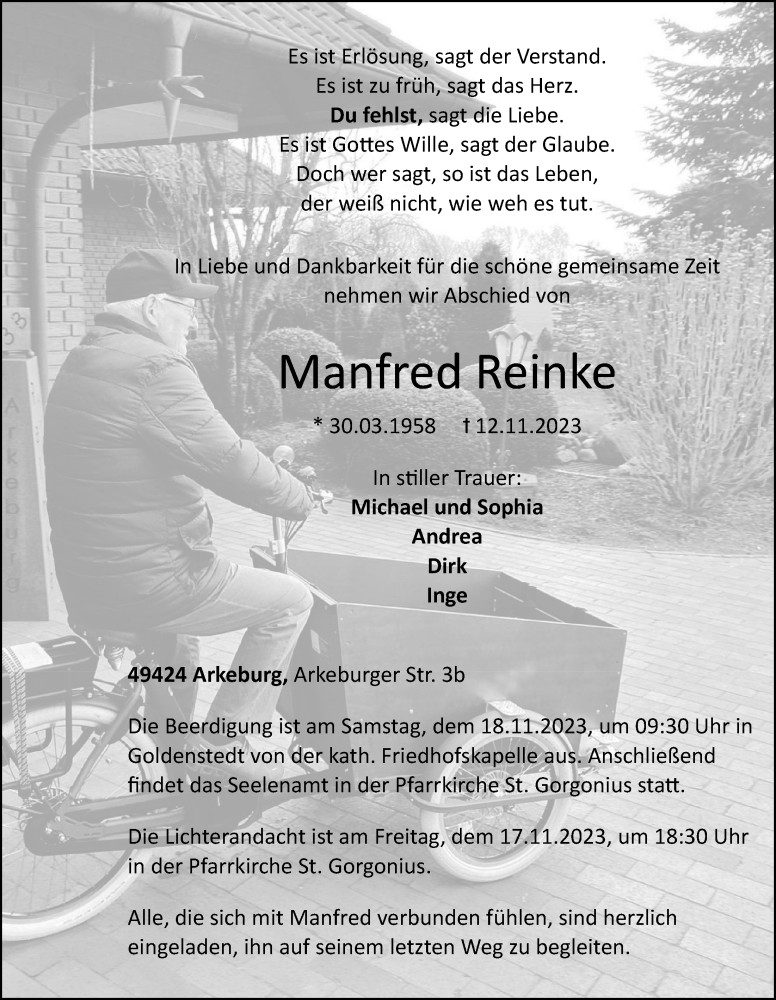  Traueranzeige für Manfred Reinke vom 15.11.2023 aus OM-Medien