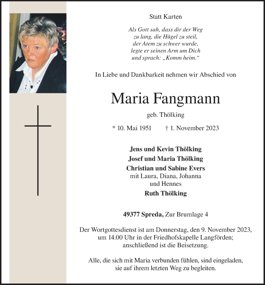  Traueranzeige für Maria Fangmann vom 04.11.2023 aus OM-Medien