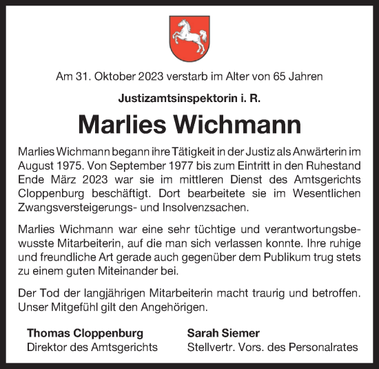 Anzeige von Marlies Wichmann von OM-Medien