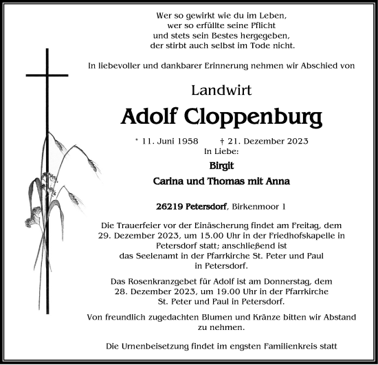 Anzeige von Adolf Cloppenburg von OM-Medien