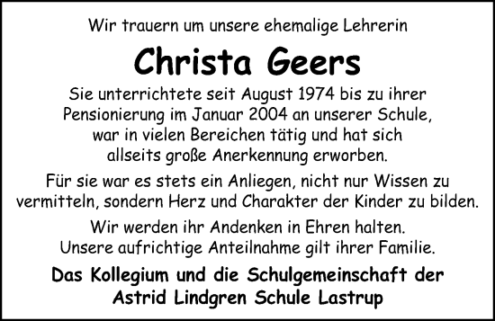 Anzeige von Christa Geers von OM-Medien