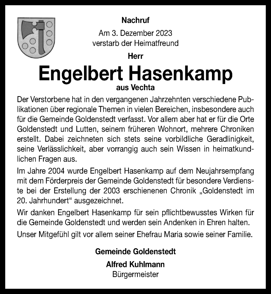  Traueranzeige für Engelbert Hasenkamp vom 08.12.2023 aus OM-Medien