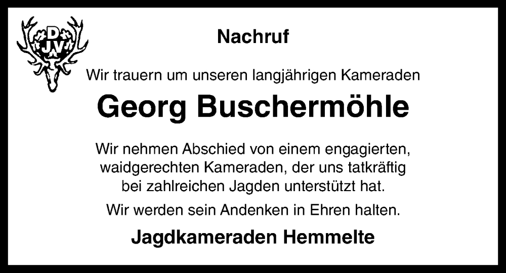  Traueranzeige für Georg Buschermöhle vom 01.12.2023 aus OM-Medien