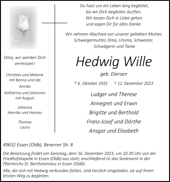 Anzeige von Hedwig Wille von OM-Medien