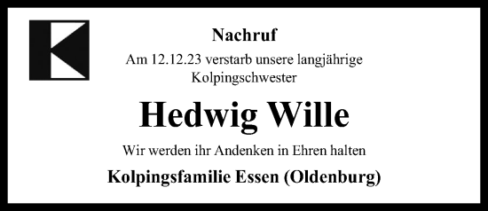 Anzeige von Hedwig Wille von OM-Medien