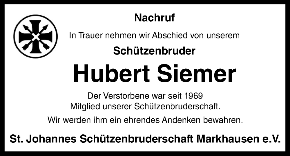  Traueranzeige für Hubert Siemer vom 15.12.2023 aus OM-Medien