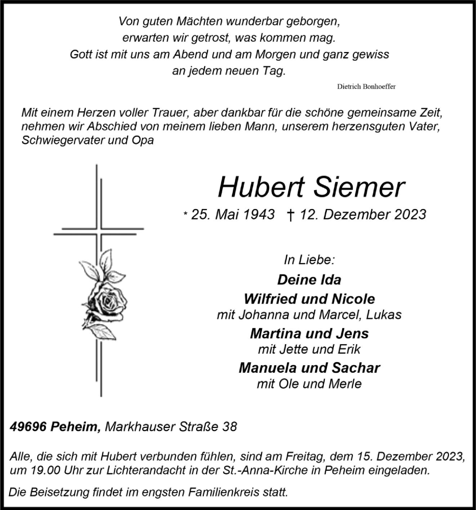  Traueranzeige für Hubert Siemer vom 15.12.2023 aus OM-Medien