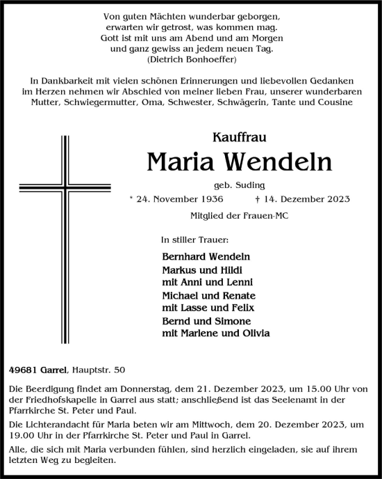 Anzeige von Maria Wendeln von OM-Medien