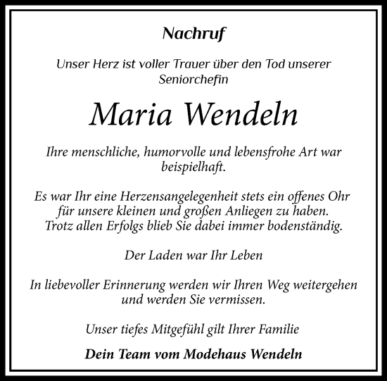 Anzeige von Maria Wendeln von OM-Medien