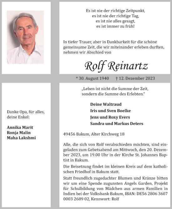 Anzeige von Rolf Reinartz von OM-Medien