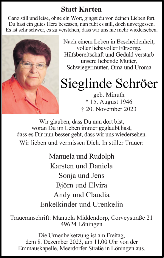 Anzeige von Sieglinde Schröer von OM-Medien