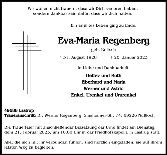 Anzeige von Eva-Maria Regenberg von OM-Medien