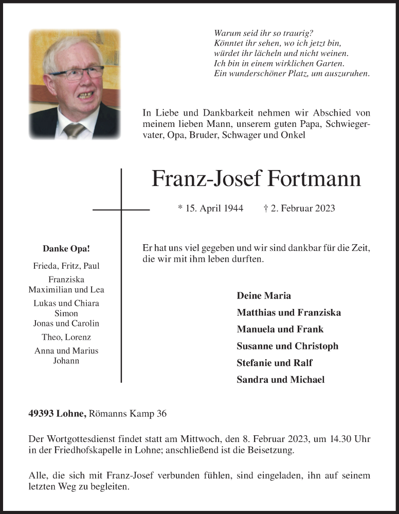  Traueranzeige für Franz-Josef Fortmann vom 04.02.2023 aus OM-Medien