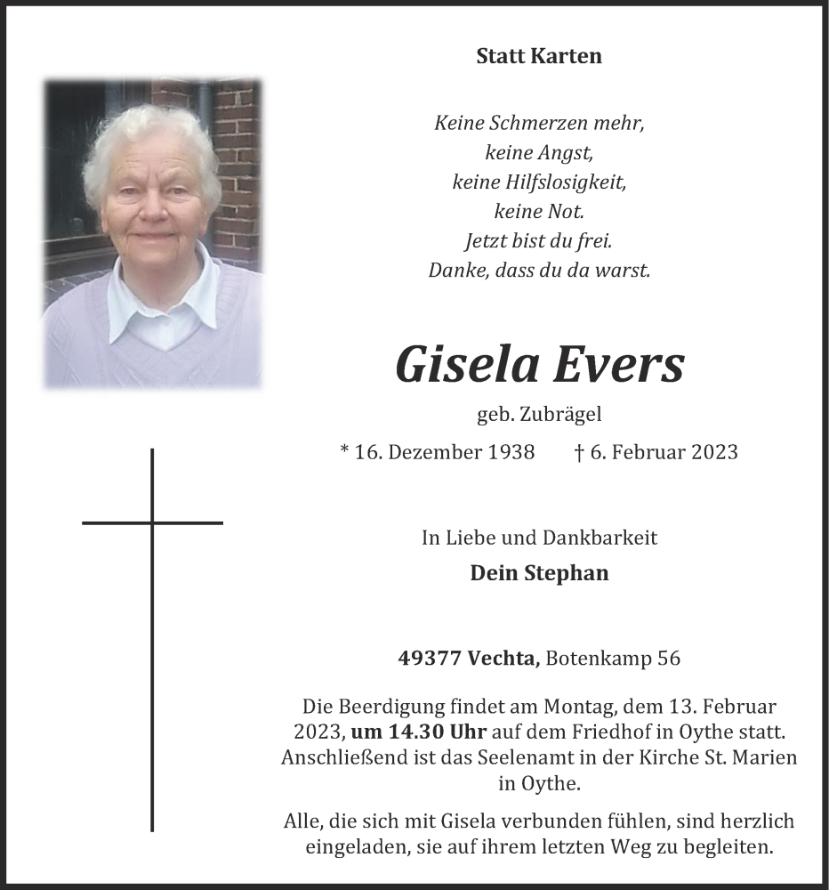 Traueranzeigen von Gisela Evers | om-trauer.de