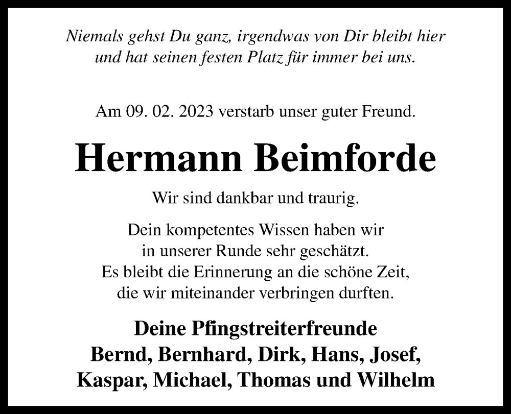  Traueranzeige für Hermann Beimforde vom 15.02.2023 aus OM-Medien