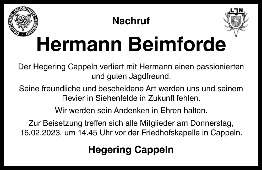  Traueranzeige für Hermann Beimforde vom 15.02.2023 aus OM-Medien