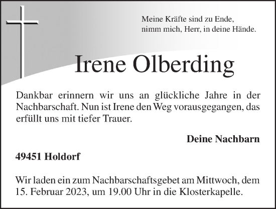 Anzeige von Irene Olberding von OM-Medien