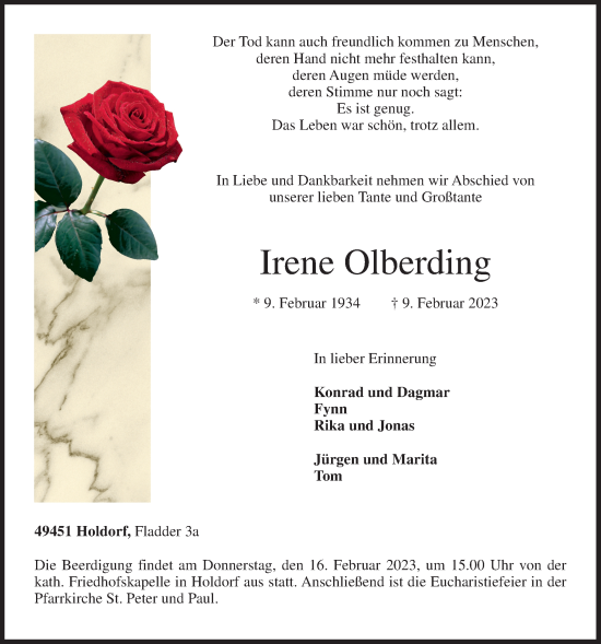 Anzeige von Irene Olberding von OM-Medien