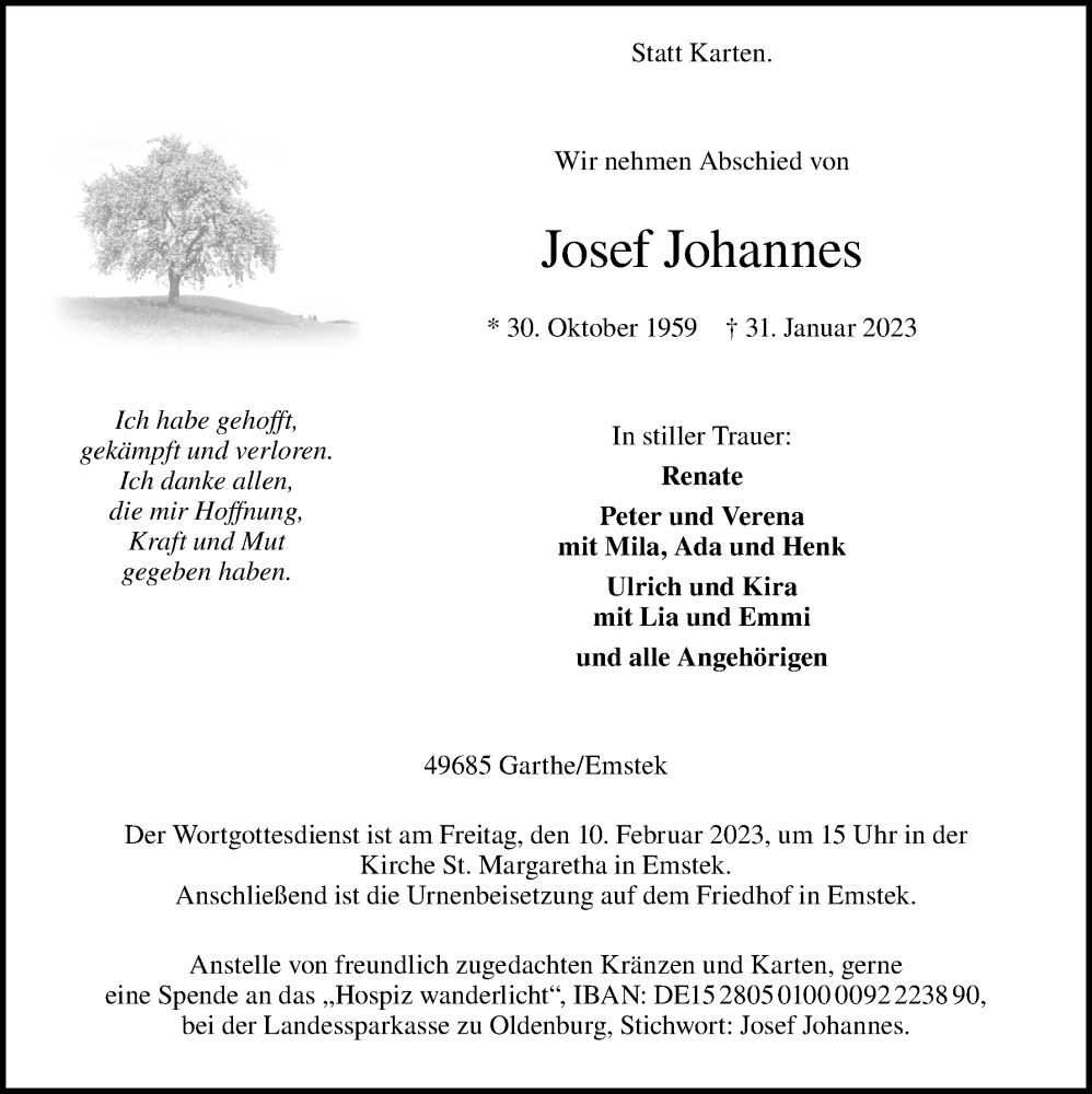  Traueranzeige für Josef Johannes vom 07.02.2023 aus OM-Medien