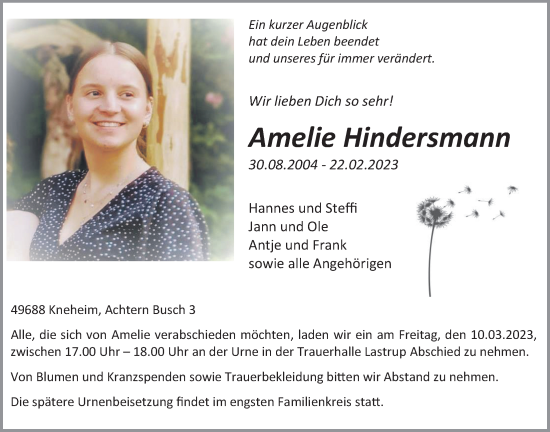 Anzeige von Amelie Hindersmann von OM-Medien