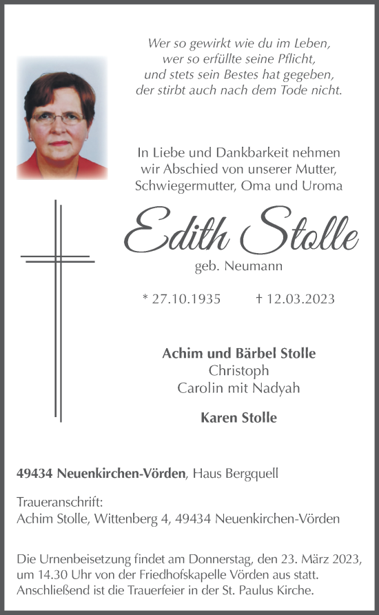 Anzeige von Edith Stolle von OM-Medien