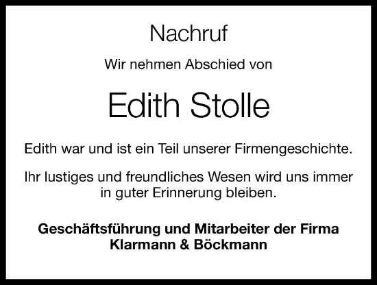 Anzeige von Edith Stolle von OM-Medien