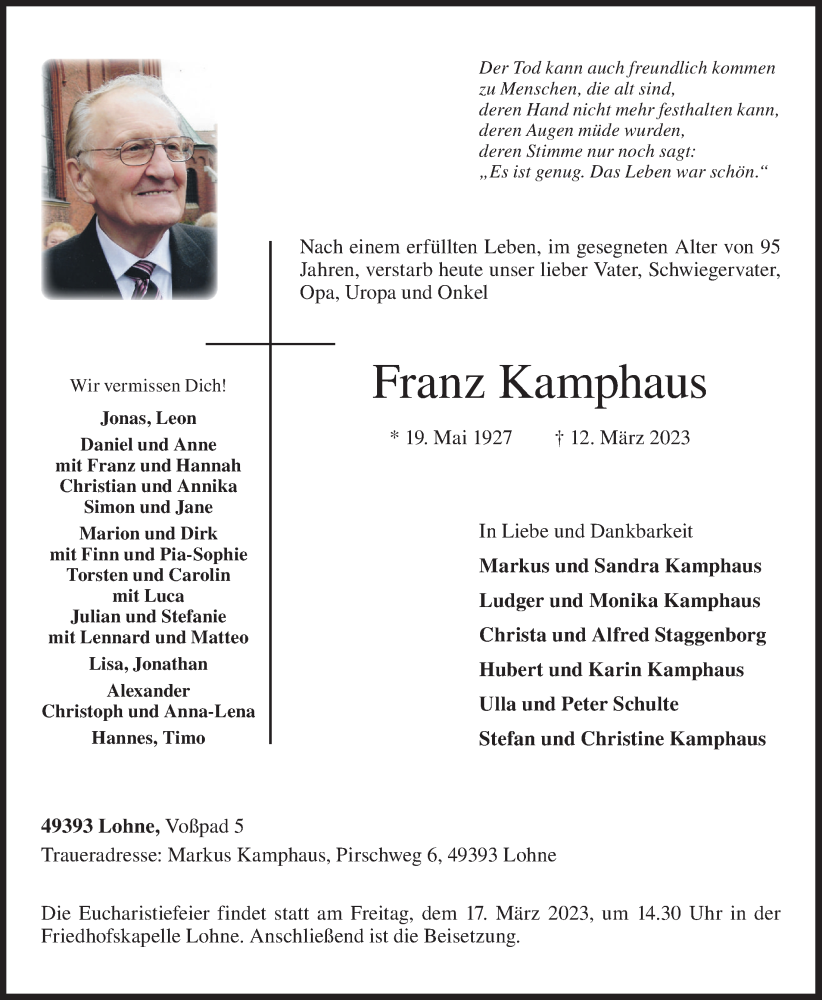  Traueranzeige für Franz Kamphaus vom 14.03.2023 aus OM-Medien