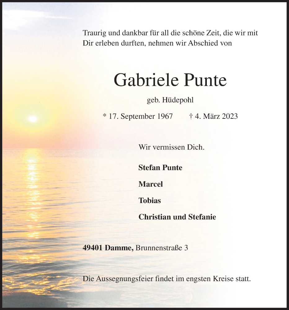  Traueranzeige für Gabriele Punte vom 08.03.2023 aus OM-Medien