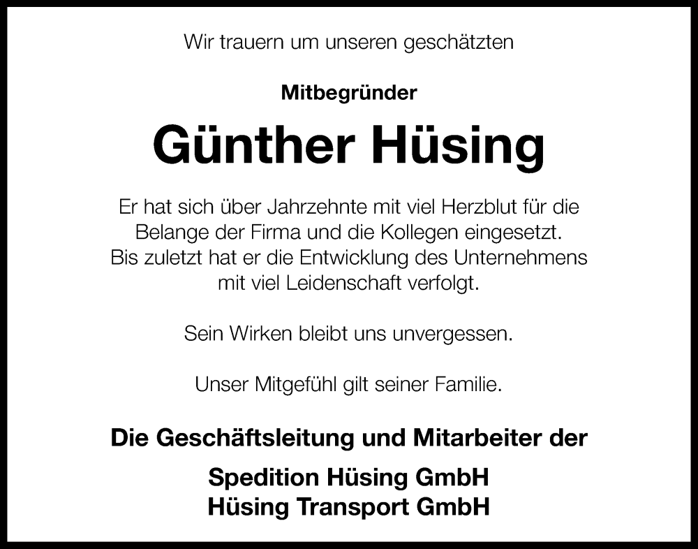  Traueranzeige für Günther Hüsing vom 08.03.2023 aus OM-Medien