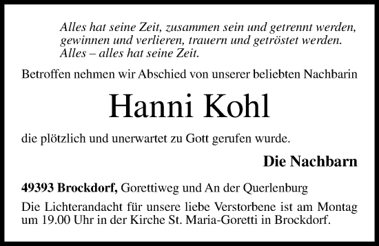 Anzeige von Hanni Kohl von OM-Medien