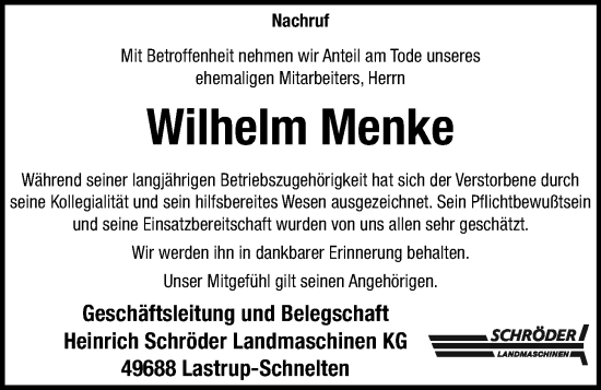 Anzeige von Wilhelm Menke von OM-Medien