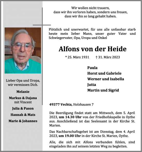 Anzeige von Alfons von der Heide von OM-Medien