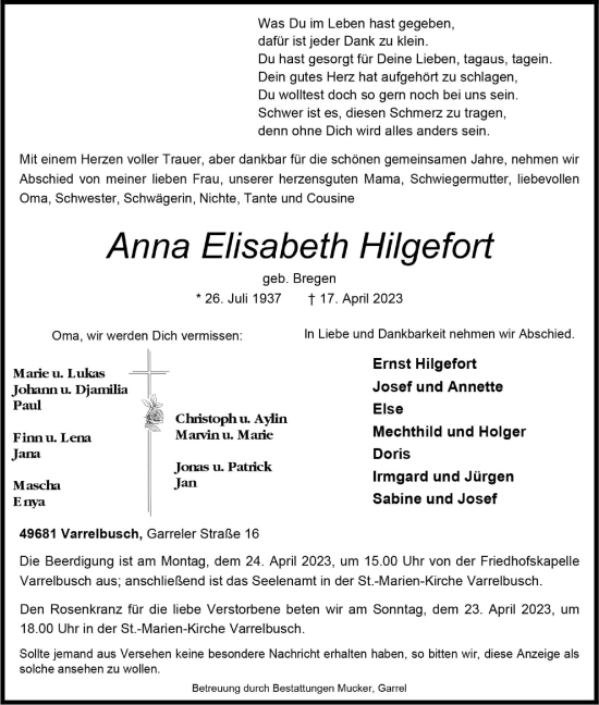 Anzeige von Anna Elisabeth Hilgefort von OM-Medien