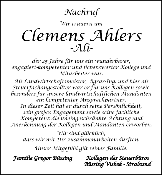 Anzeige von Clemens Ahlers von OM-Medien