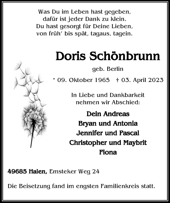 Anzeige von Doris Schönbrunn von OM-Medien