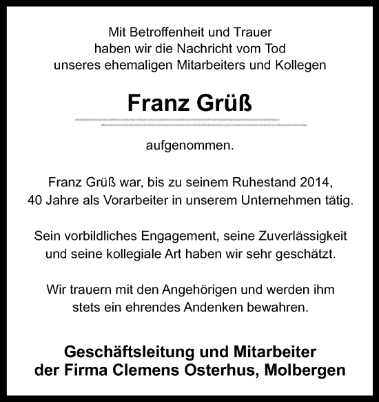 Anzeige von Franz Grüß von OM-Medien