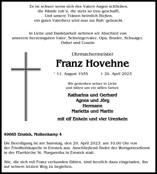 Anzeige von Franz Hovehne von OM-Medien