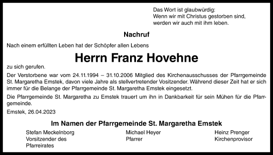 Anzeige von Franz Hovehne von OM-Medien