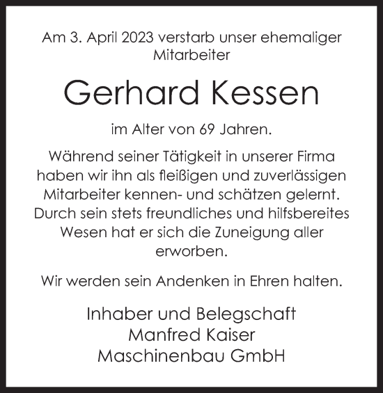 Anzeige von Gerhard Kessen von OM-Medien