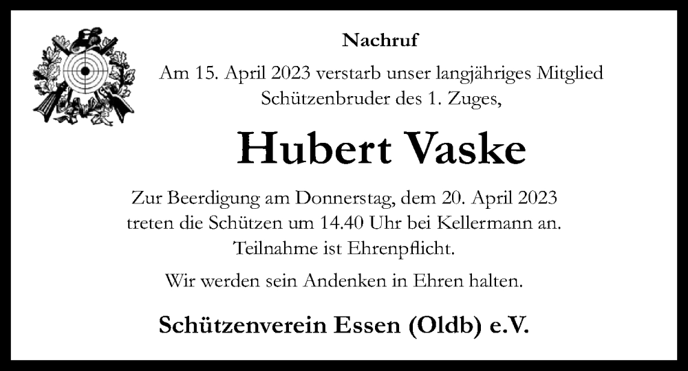  Traueranzeige für Hubert Vaske vom 19.04.2023 aus OM-Medien