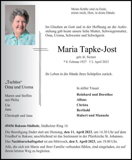 Anzeige von Maria Tapke-Jost von OM-Medien