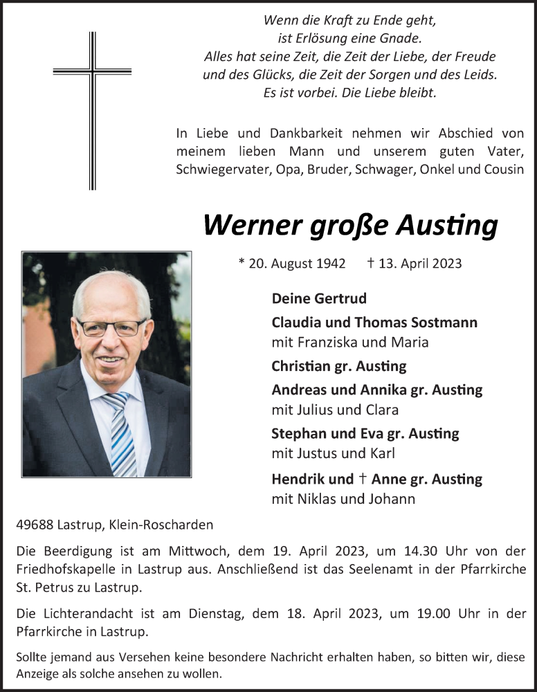  Traueranzeige für Werner große Austing vom 15.04.2023 aus OM-Medien