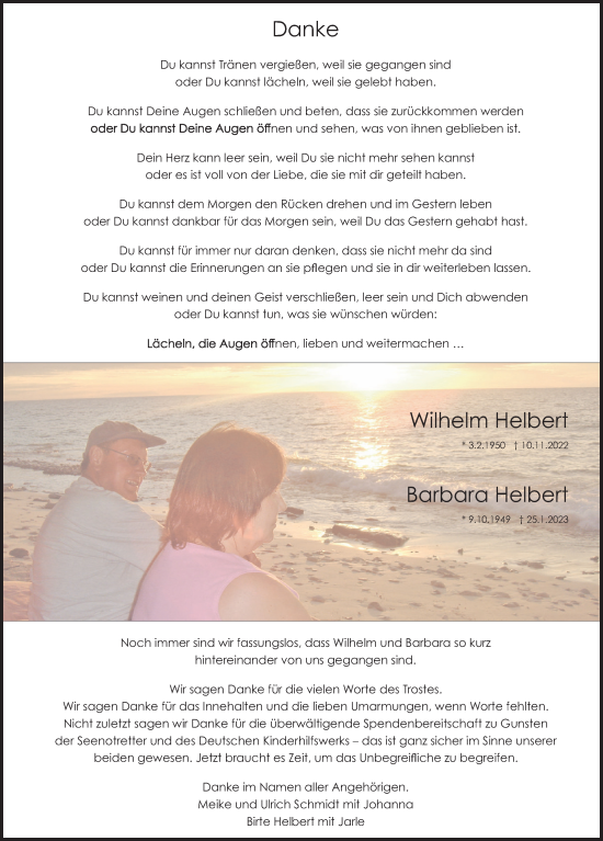 Anzeige von Wilhelm und Barbara Helbert von OM-Medien