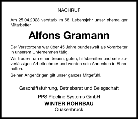 Anzeige von Alfons Gramann von OM-Medien