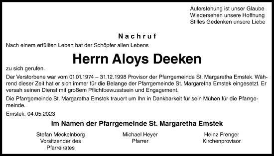 Anzeige von Aloys Deeken von OM-Medien