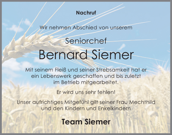 Anzeige von Bernard Siemer von OM-Medien